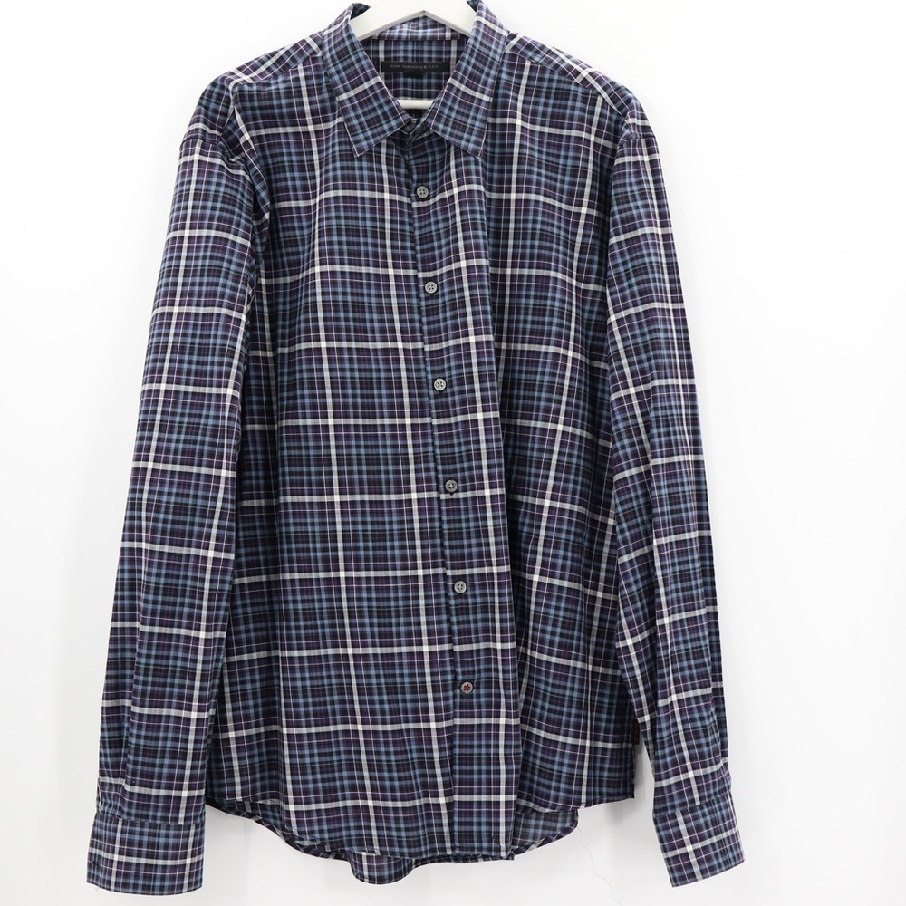 John Varvatos Button Down Shirt Blue & Purple Plaid 100% Cotton Size XL  W184V3B